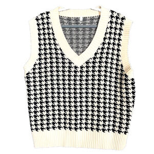 Houndstooth Sweater Vest Womens Small Cream Black Chunky Oversize Casual Grandma